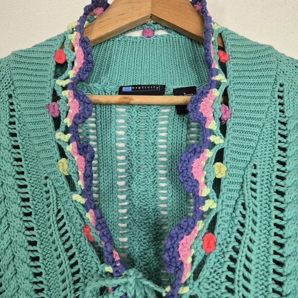 VTG Relativity Cardigan Sweater sz L* Teal Tie Front Cotton Boho Cottagecore - Picture 9 of 16
